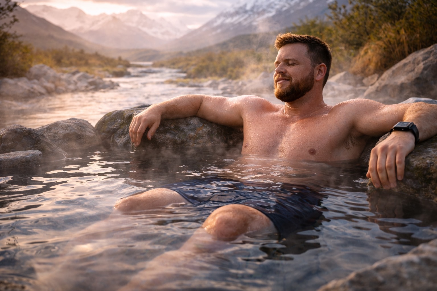 Man relaxing in a natural hot spring with mountain landscape