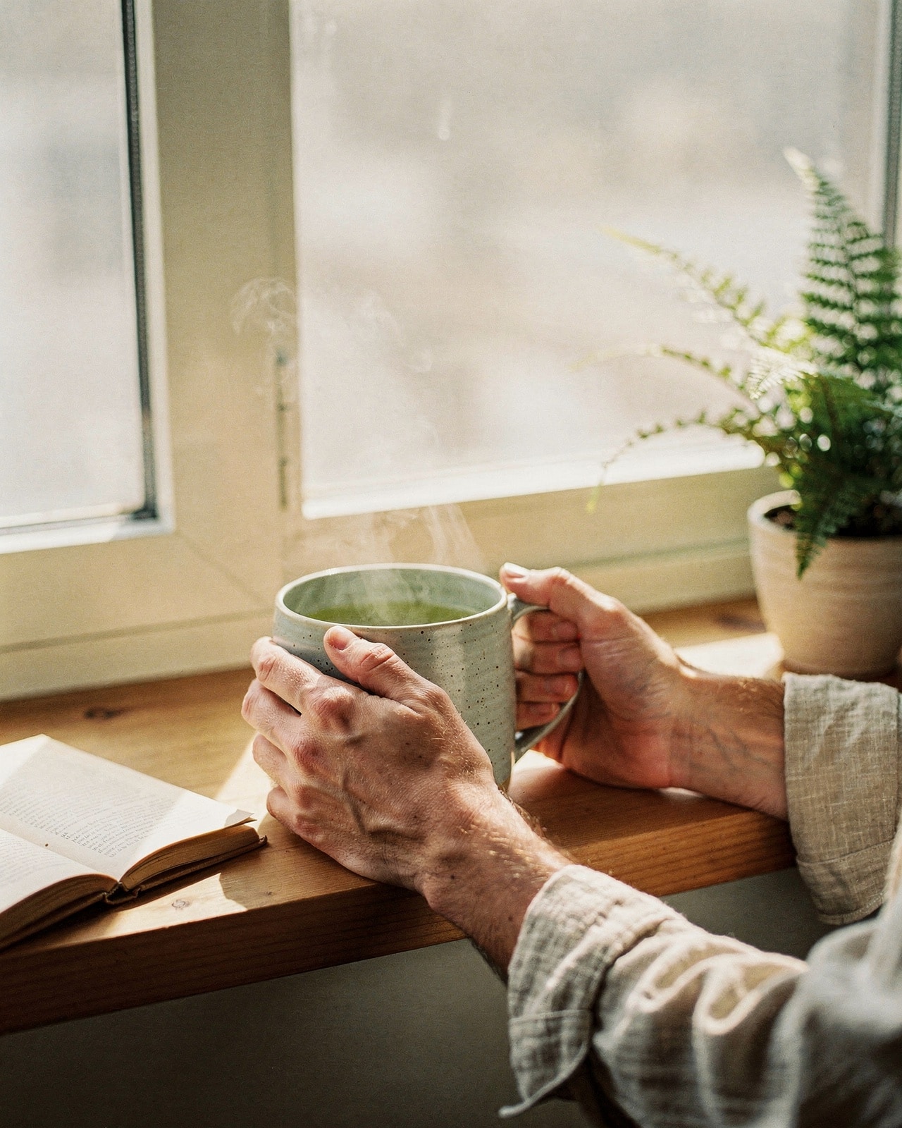 Hands holding a stoneware mug of green tea on a warm-wood windowsill in bright morning daylight