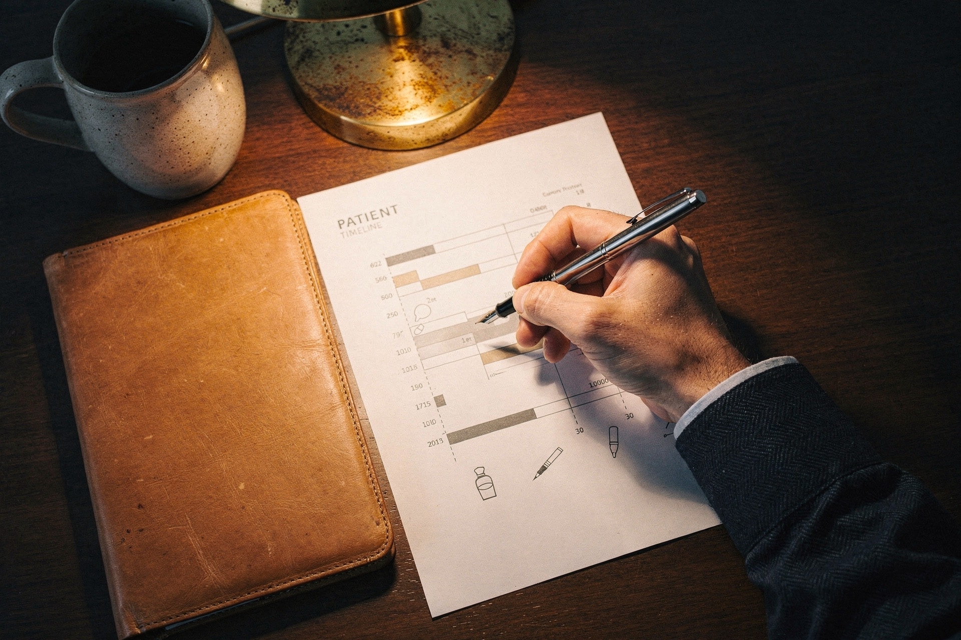 Clinician hands annotating a printed patient timeline on a warm-wood desk in lamplight