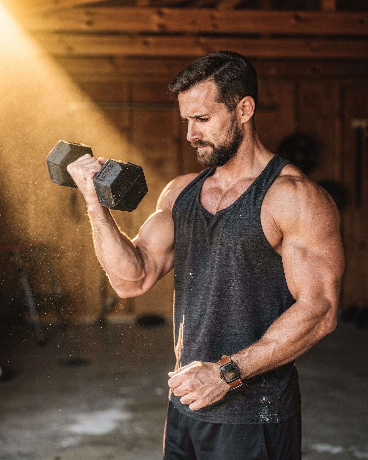 An athletic white man in his mid-thirties mid-dumbbell-curl in a warm home garage gym at morning golden light.