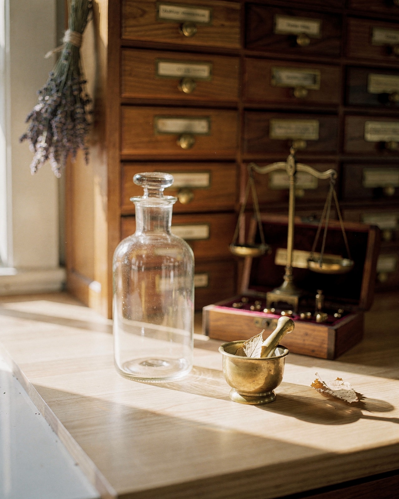 An antique glass apothecary bottle, brass mortar and pestle, and pharmacy scale on a craftsman cabinet counter.