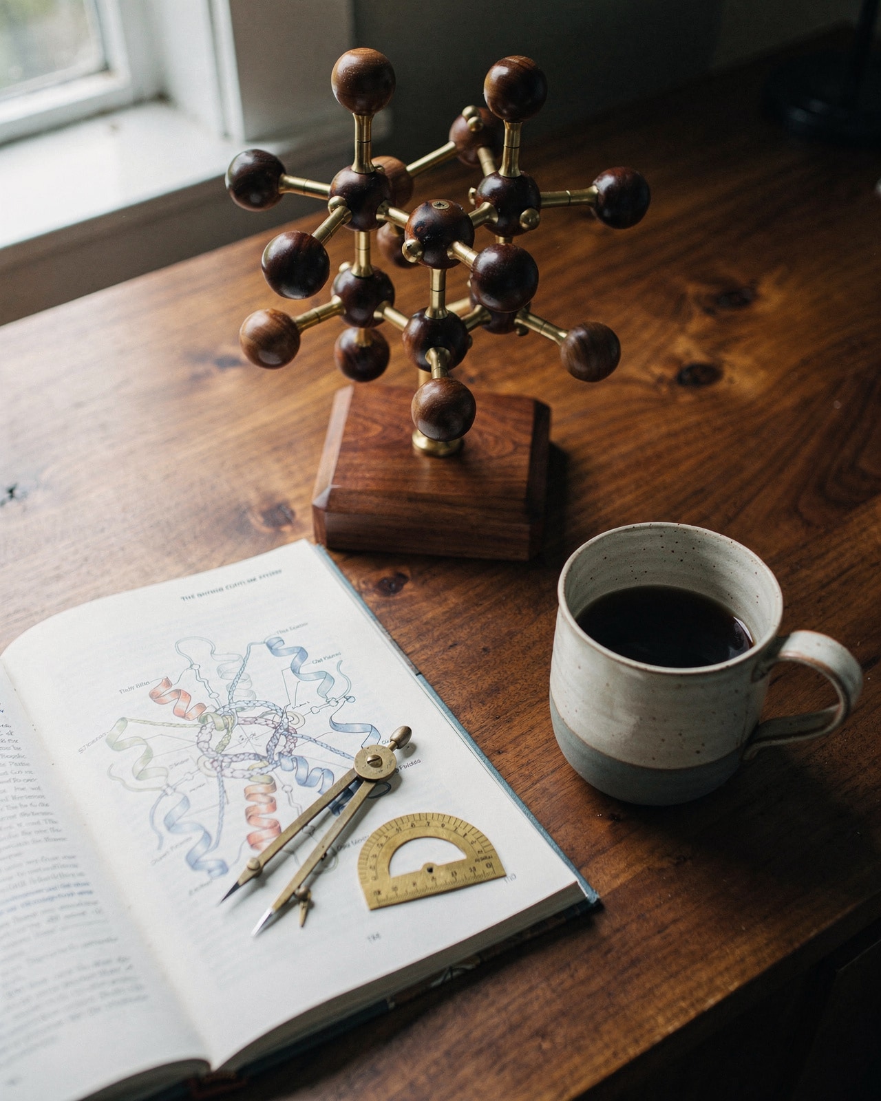 A wooden-and-brass molecular model beside an open textbook showing a protein diagram on a walnut desk.