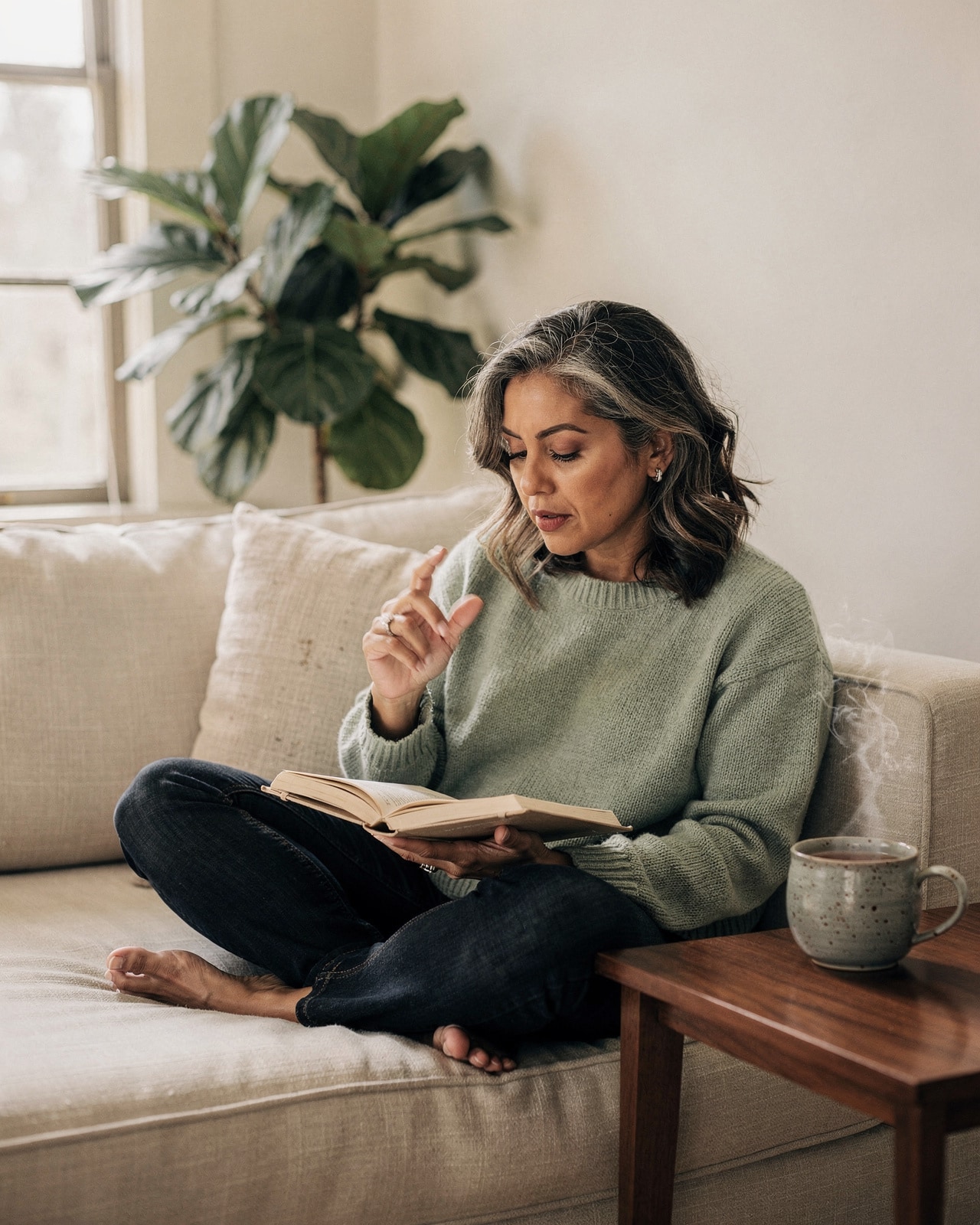 A woman in her early fifties reading a paperback on a linen couch, eyebrows raised in a mid-aha moment.