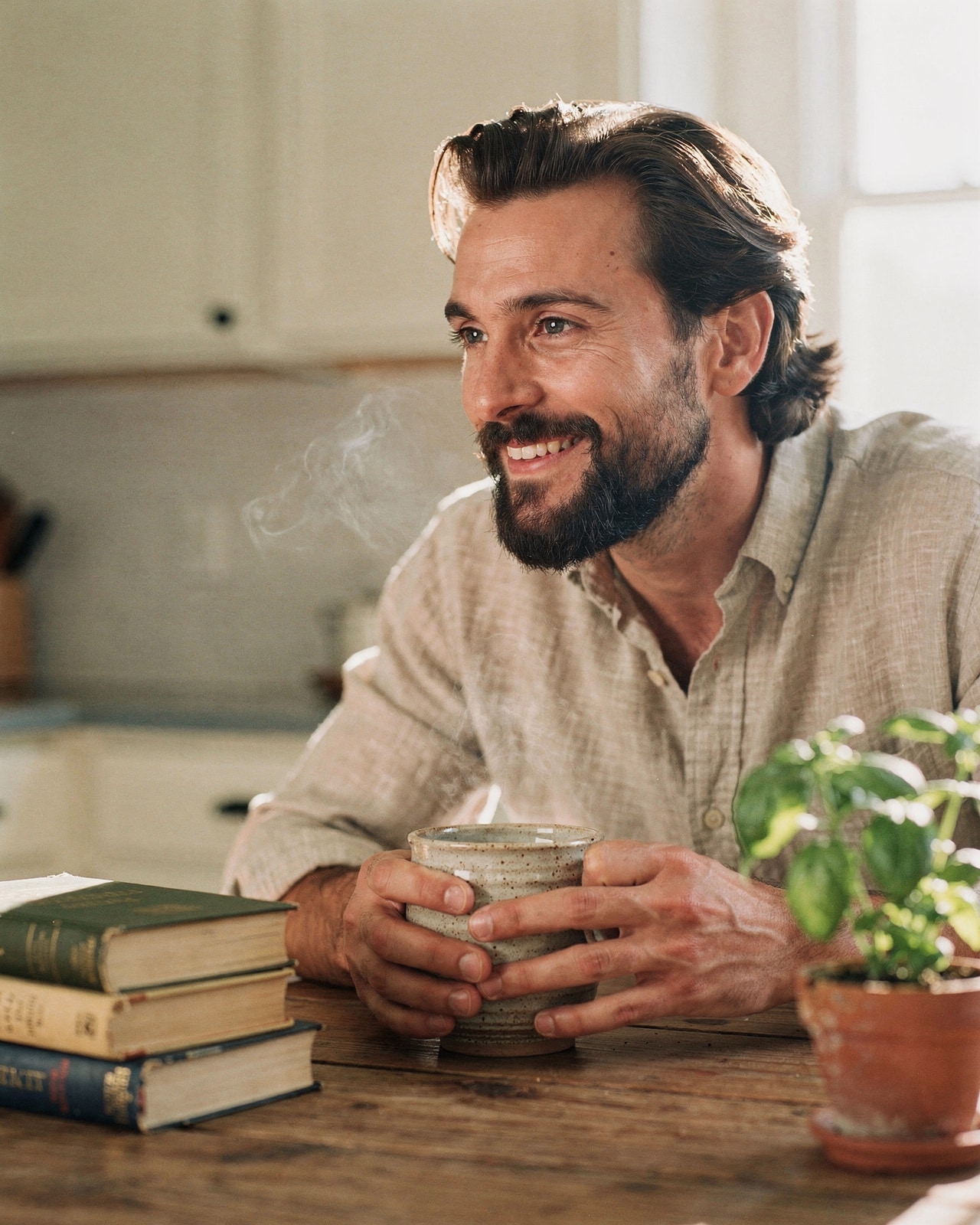 A mixed-heritage man in his thirties cupping a tea mug at a kitchen table, smiling at a realization.