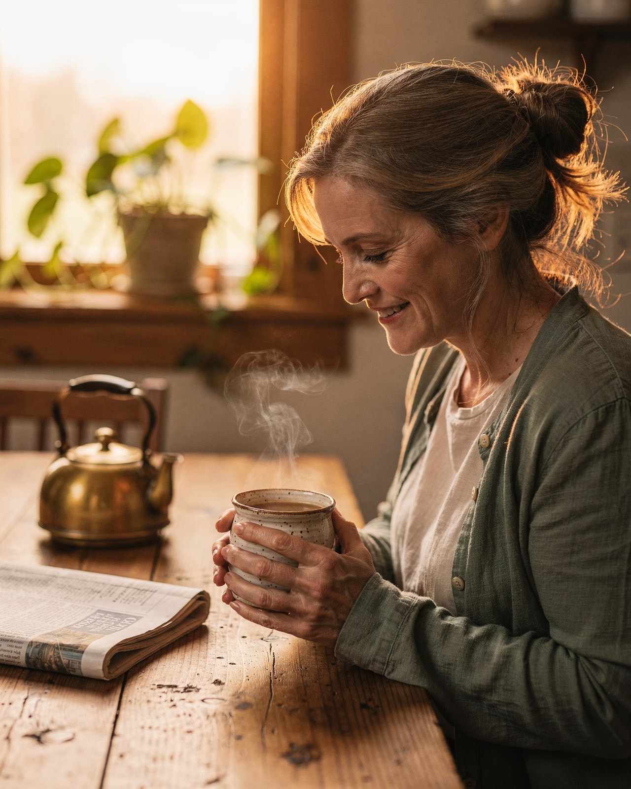 A woman in her late fifties cradling a stoneware mug of coffee at a farmhouse kitchen table in morning light.