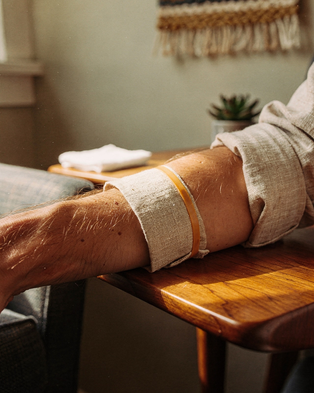 A rolled shirt sleeve and forearm resting on a warm-wood clinic chair arm, tourniquet visible, no needle.
