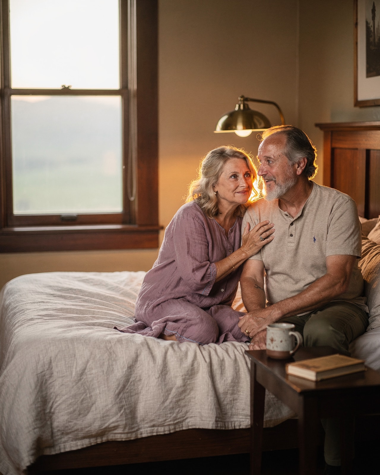 A white couple in their fifties sitting together at the edge of a linen-covered bed in a warm bedroom at first light.