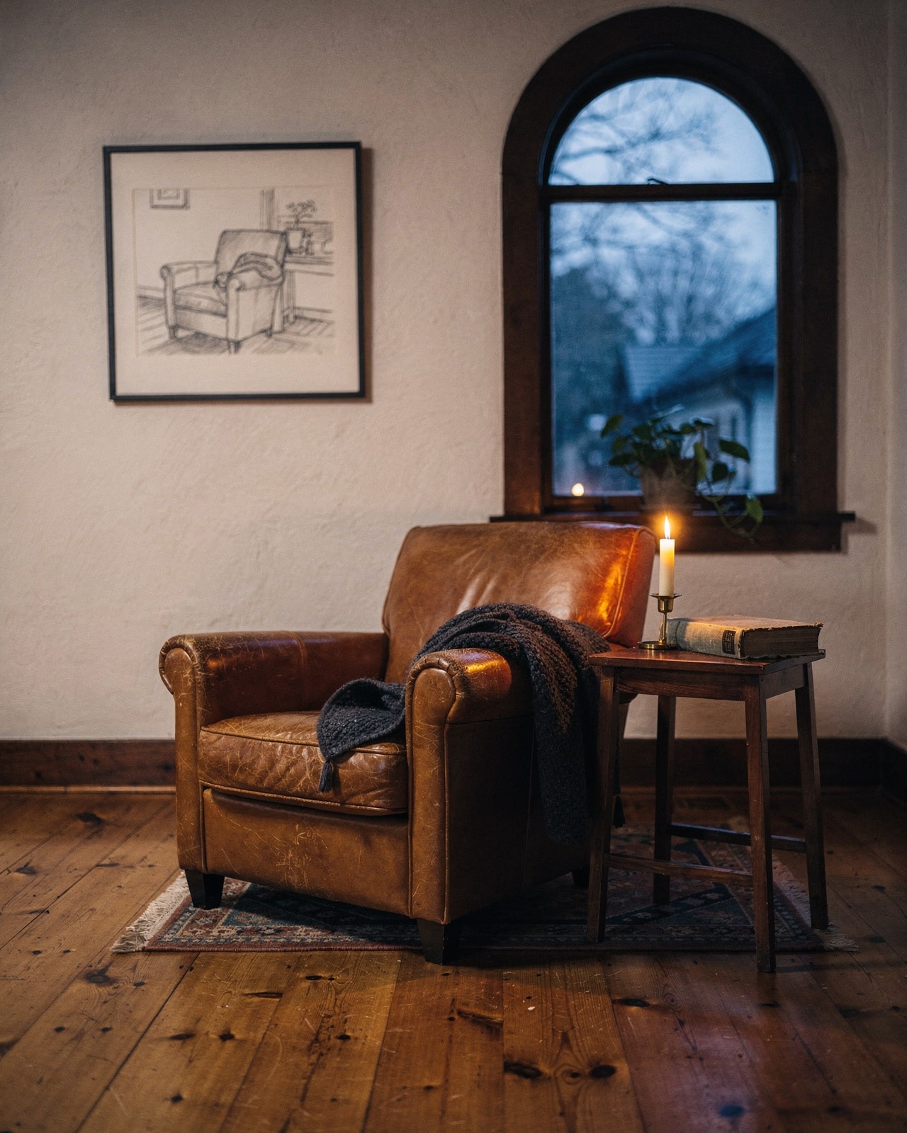 An empty cognac leather chair with wool throw beside a lit candle and closed book at dusk, dim craftsman room.