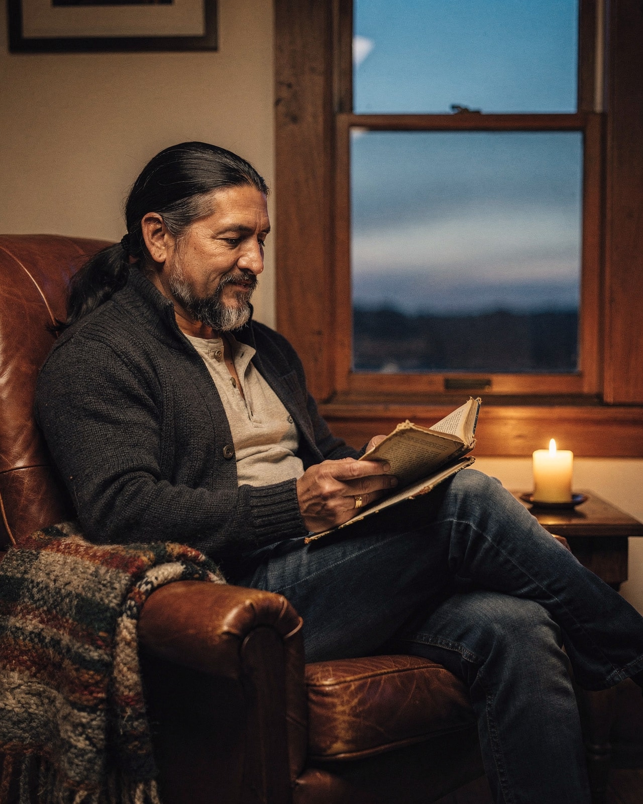 A man in his late forties reading in a cognac leather chair beside a lit candle in a dim corner at dusk.