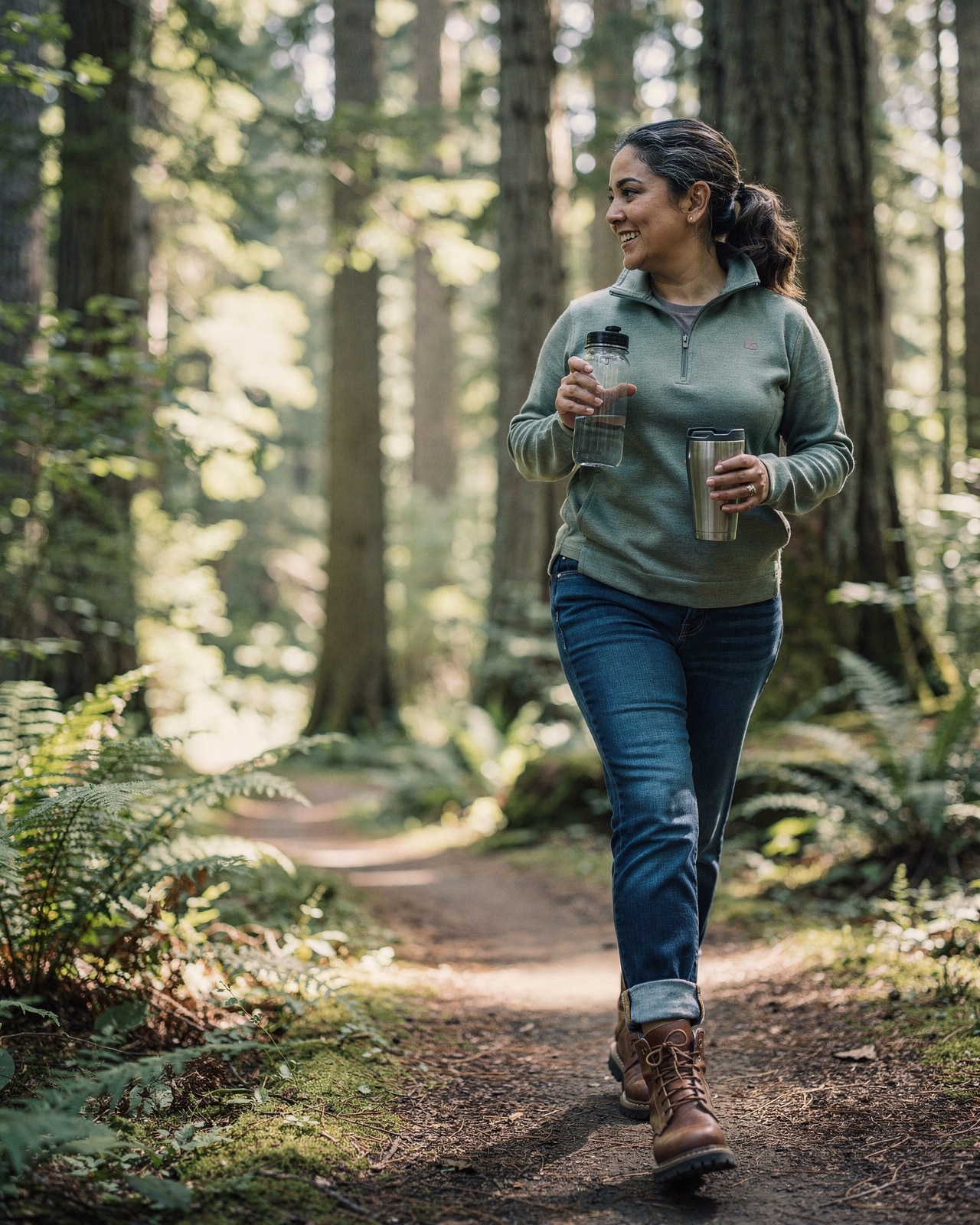A woman in her mid-forties walking on a Pacific Northwest forest trail in bright morning light with a water bottle.