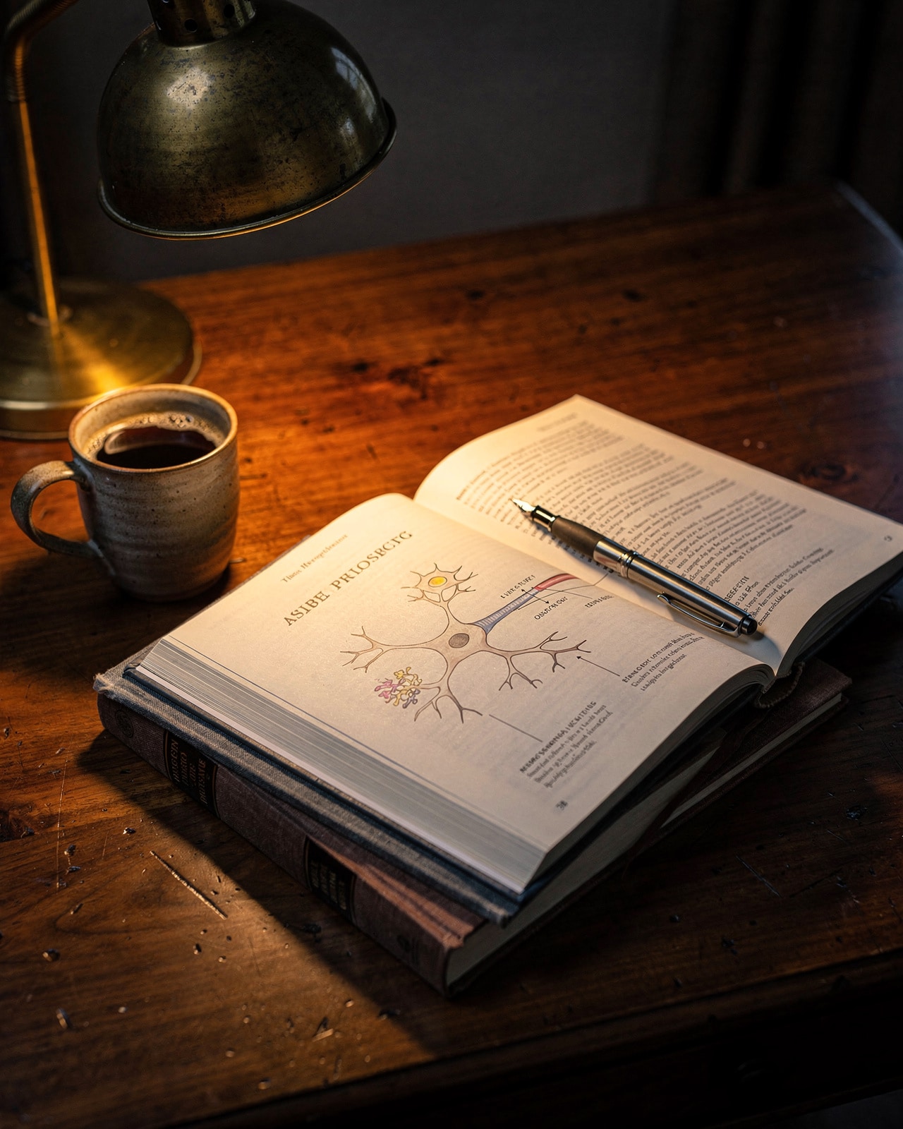 Stack of neuroscience books and an open textbook showing a hand-drawn neuron diagram in warm desk-lamp light.