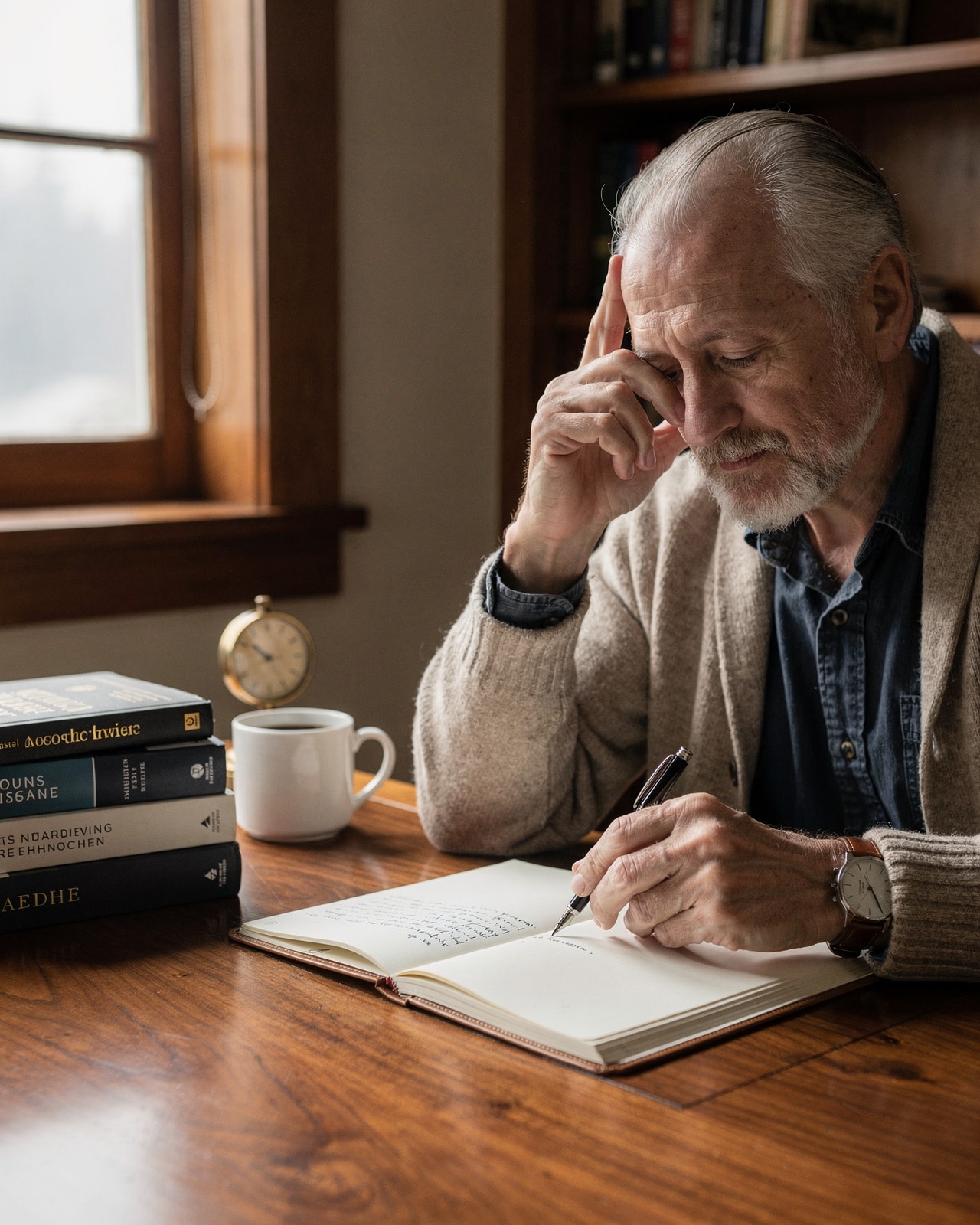 A man in his mid-sixties mid-thought at a walnut writing desk, hand at temple, notebook and pen in front of him.