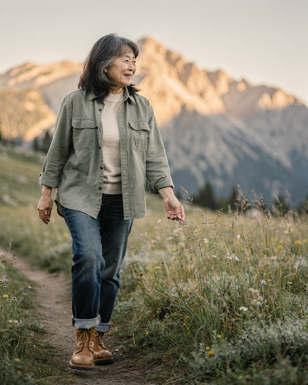 A woman in her mid-fifties walking on a Sierra Nevada meadow trail at dawn, breath visible in cool air.