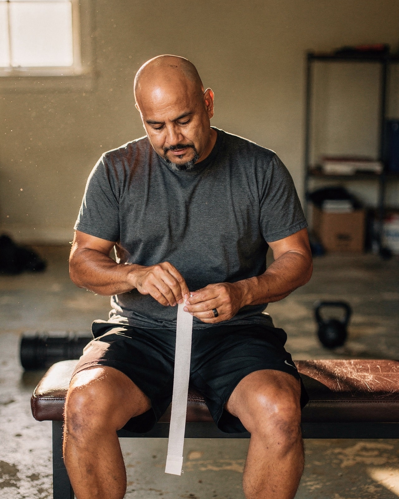 A man in his mid-fifties unwrapping athletic tape on a leather bench in a warm home garage gym at late afternoon.