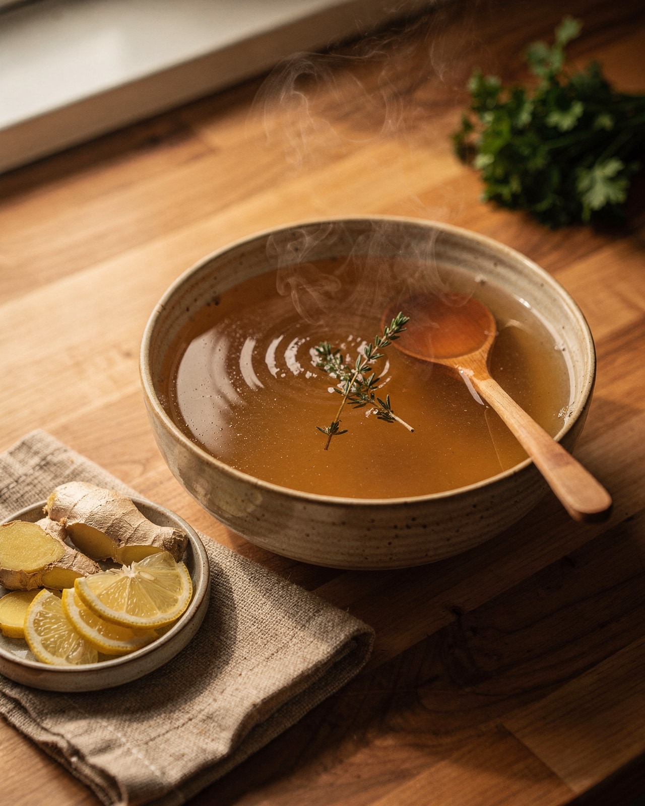 A ceramic bowl of steaming bone broth with a thyme sprig on a maple counter in late-afternoon winter light.