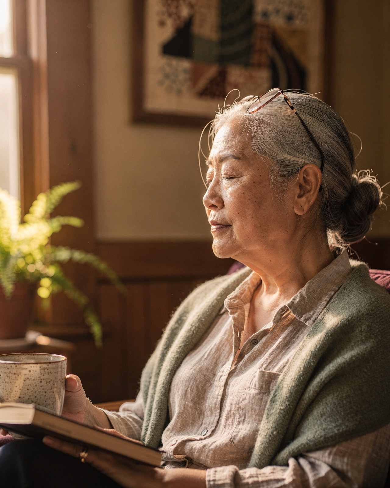 An older woman with silver hair and reading glasses on her head, eyes closed in restorative late-afternoon light.