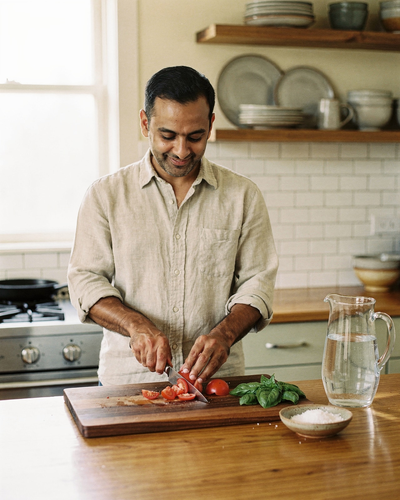 A man in his mid-forties chopping heirloom tomatoes on a wooden cutting board at a bright morning kitchen island.