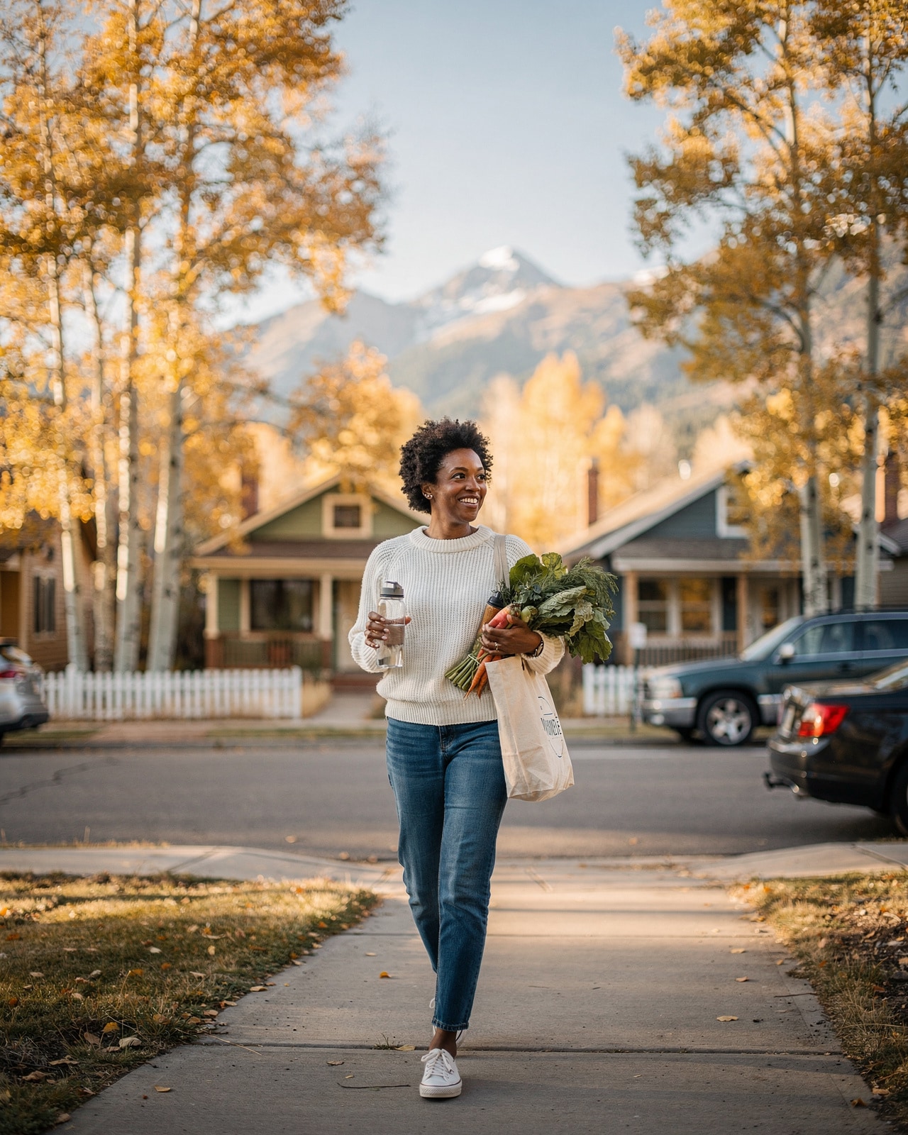 A woman in her early forties walking a Colorado mountain-town street with a farmers-market tote, aspens and peaks behind.
