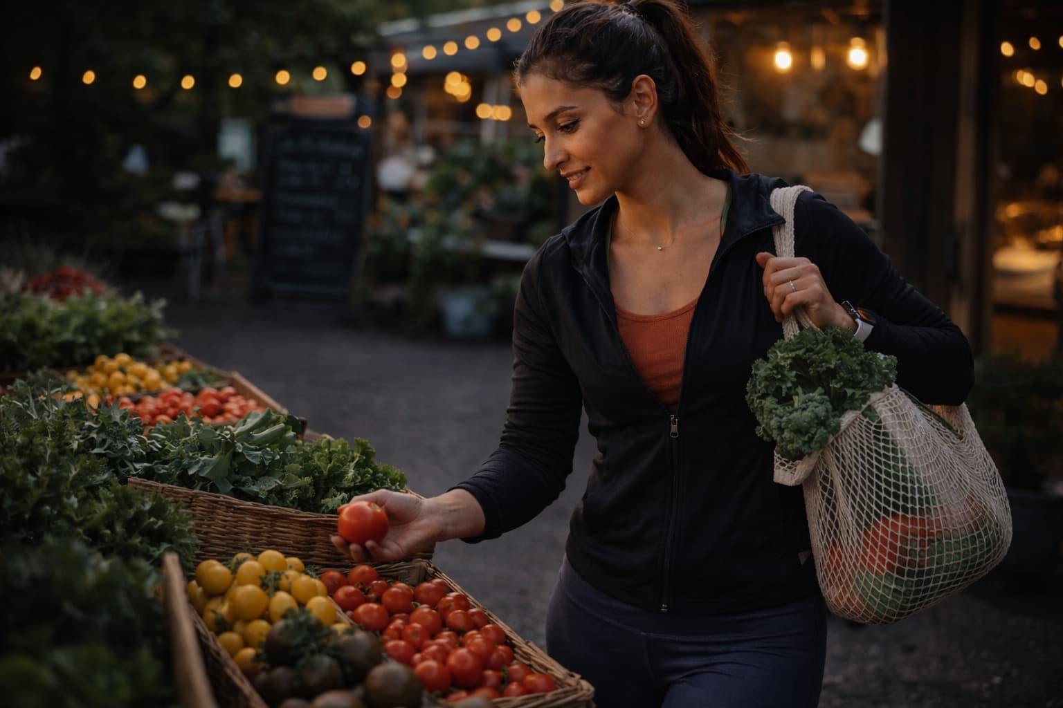 Woman selecting fresh produce at a farmers market