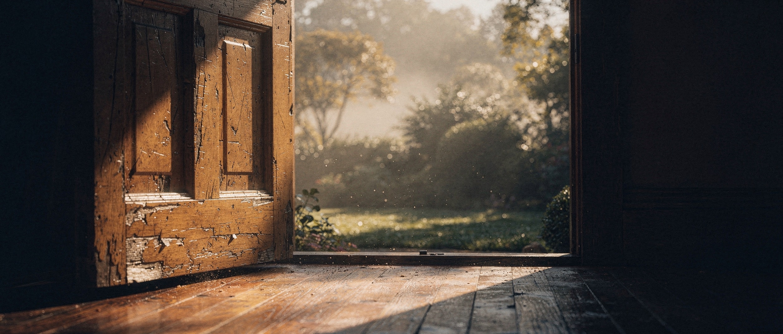 An open warm-wood front door looking from a dim entryway onto a misty back garden at first light
