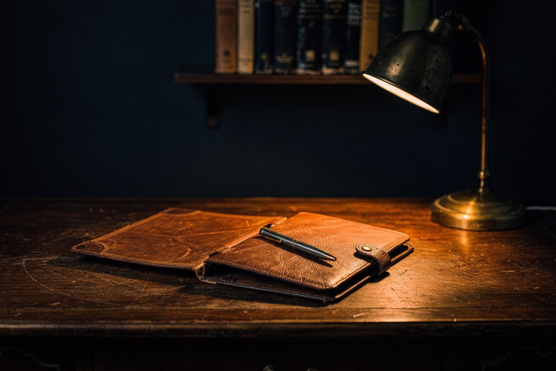 Dim home study with a brass desk lamp casting warm light on an open leather folio