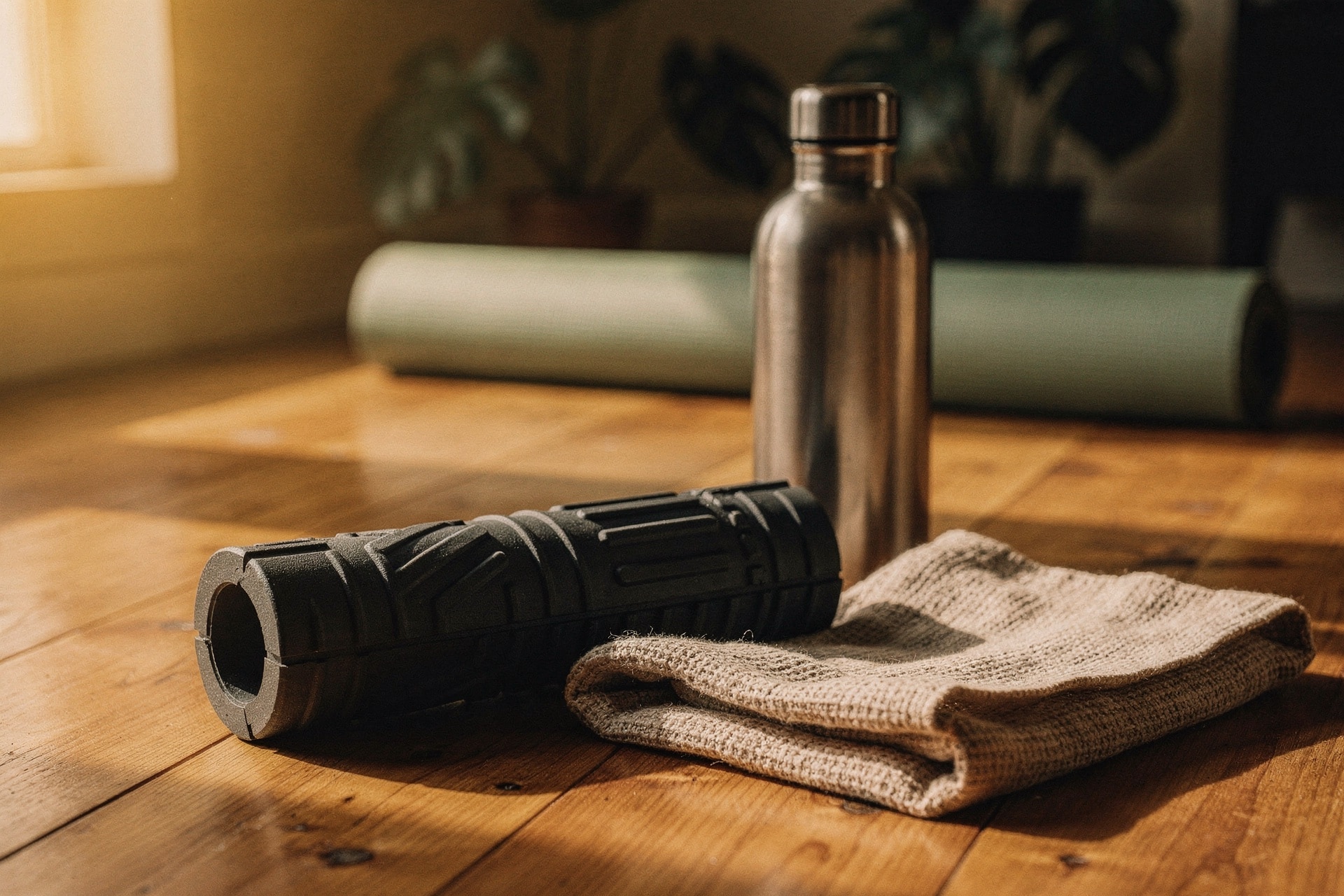 Foam roller, steel water bottle, and folded linen towel on a warm-wood home studio floor at golden hour