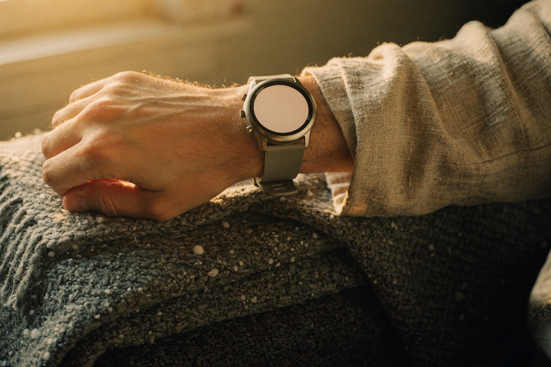 Smartwatch on a forearm resting on a folded wool blanket in warm window light