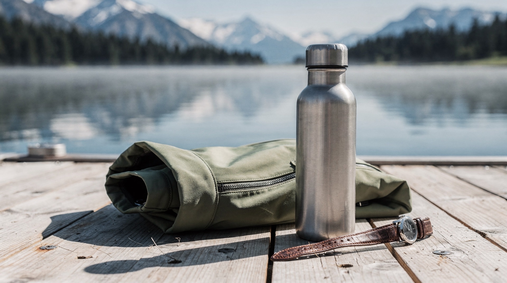 Steel water bottle, folded jacket, and leather watch strap on a dock overlooking a still alpine lake at clear bright morning