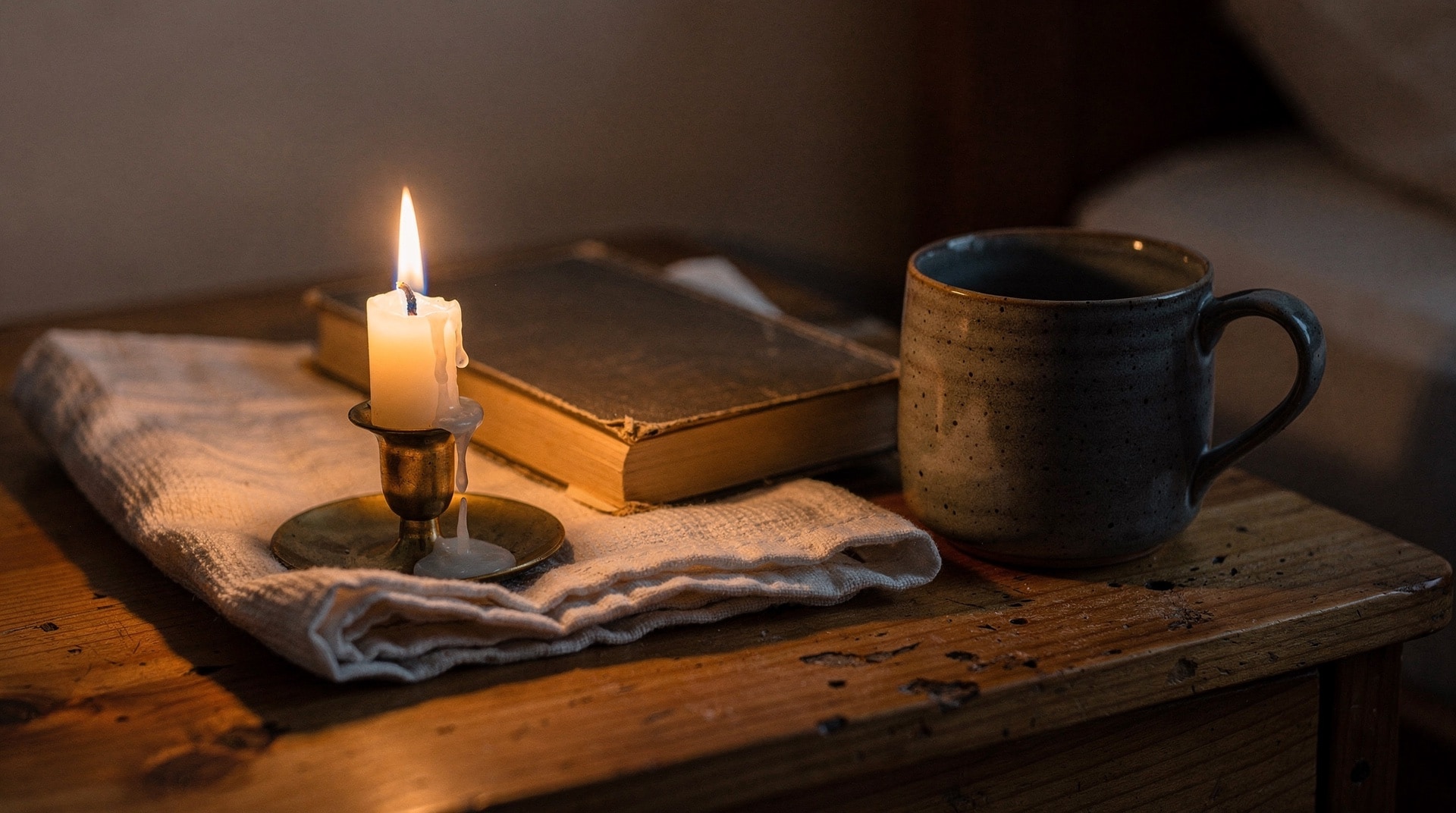 Single lit candle, closed paperback, and stoneware mug on a warm-wood bedside table at dusk