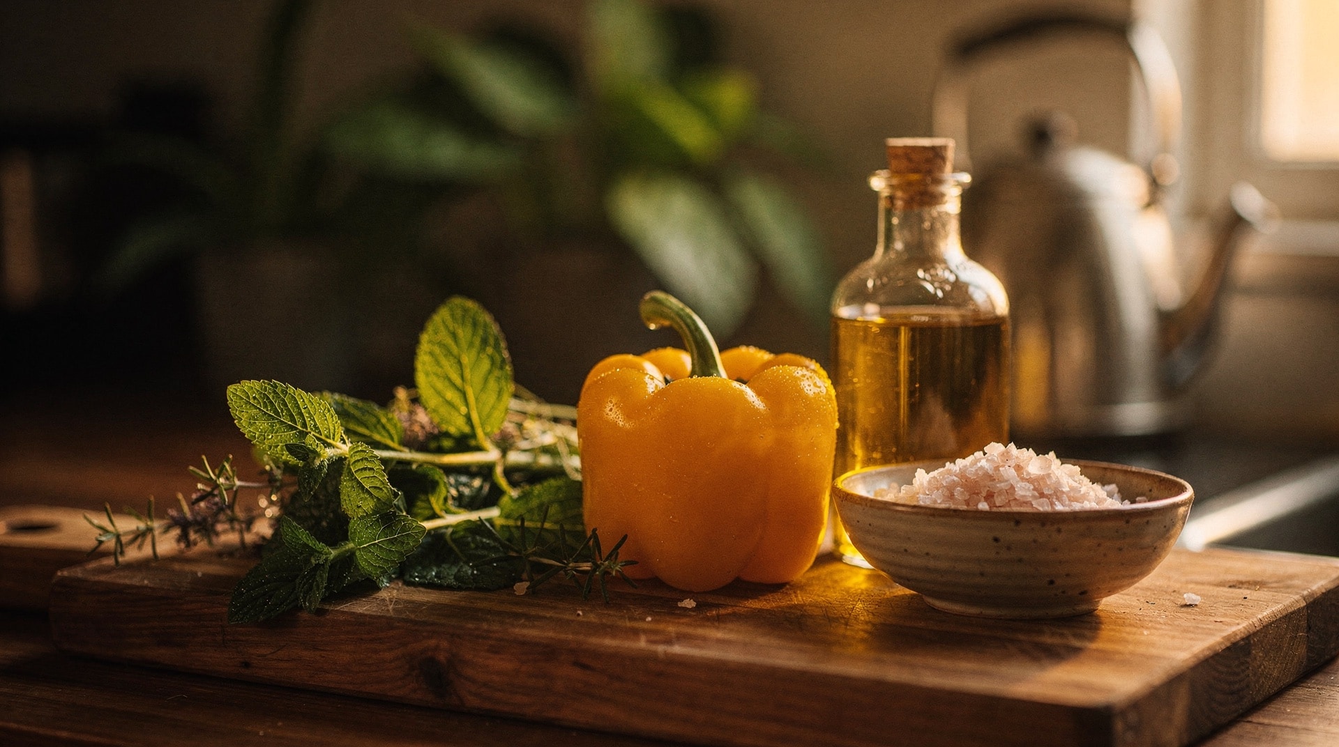 Wooden cutting board with fresh herbs, bell pepper, and olive oil on a dim kitchen counter at golden hour