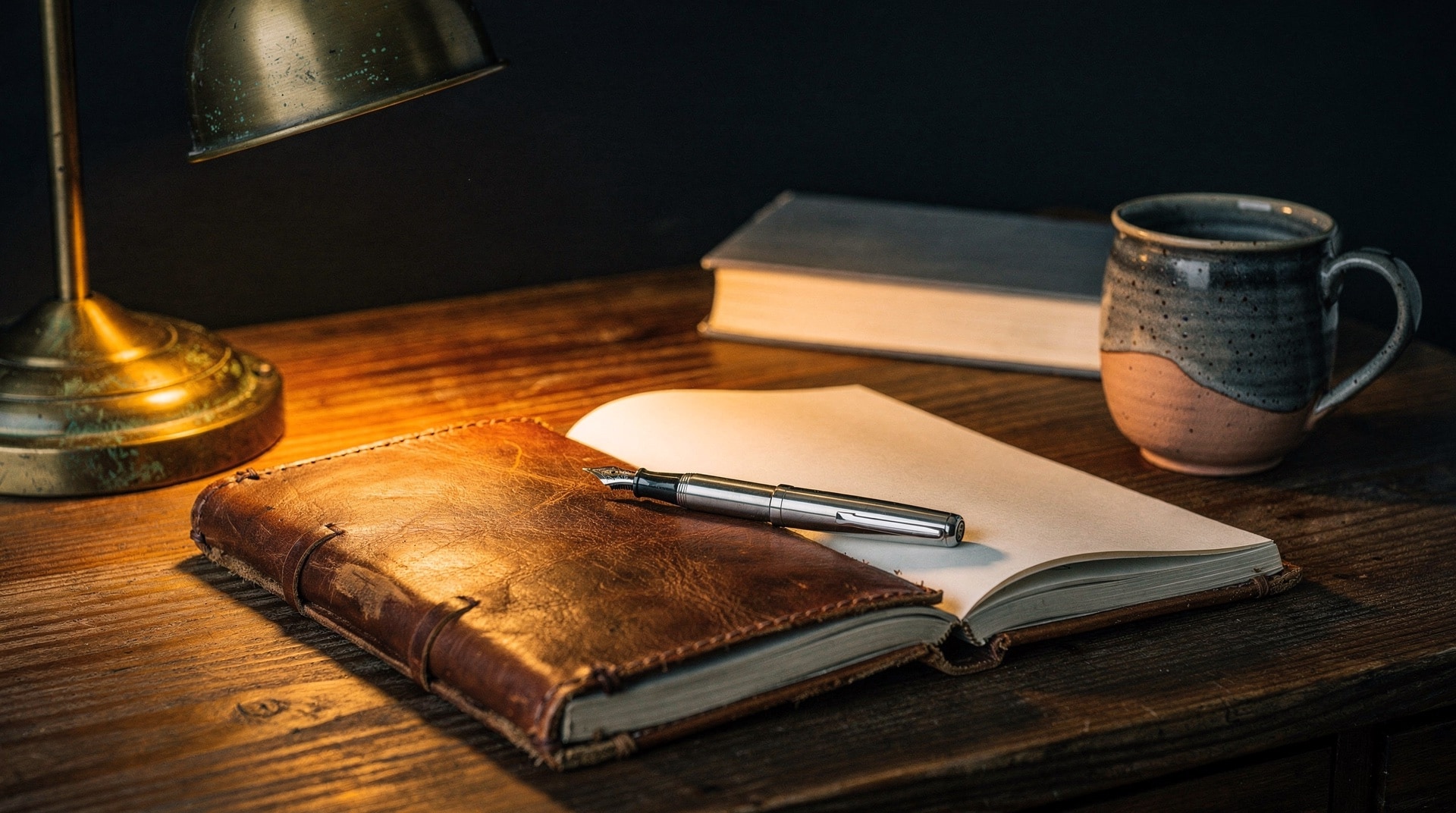 Open leather journal with a fountain pen on a warm-wood desk, lit by a brass desk lamp