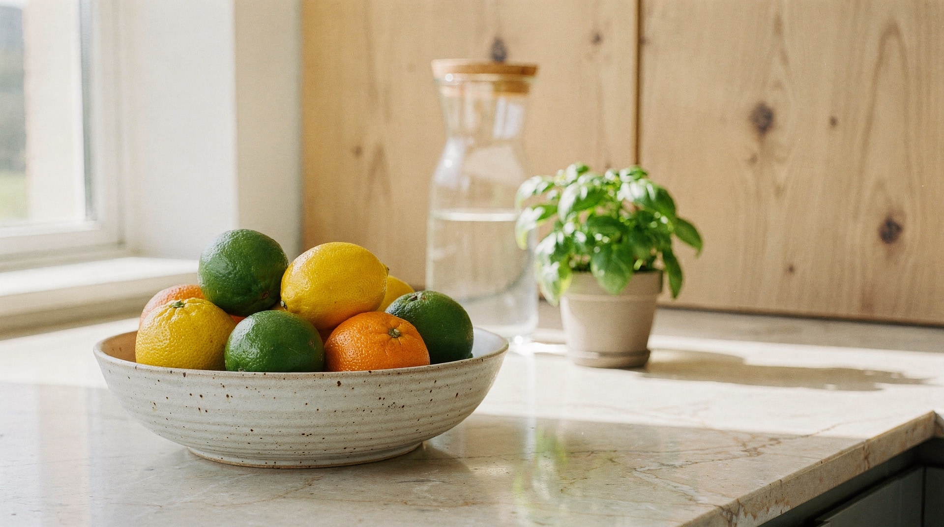Bright airy kitchen counter at mid-morning with a stoneware bowl of citrus and a potted basil plant