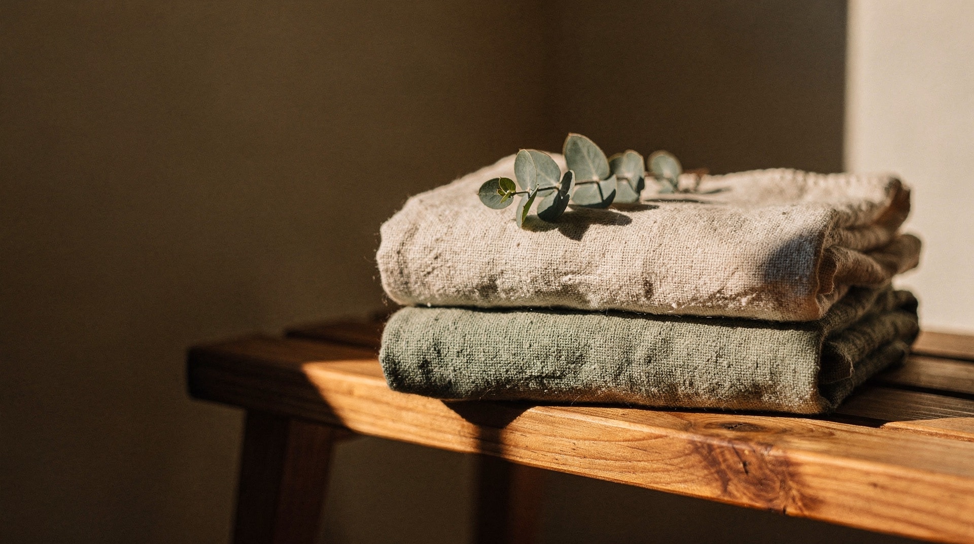 Stack of folded oat and sage linen towels with a sprig of eucalyptus in a shaft of afternoon sunlight