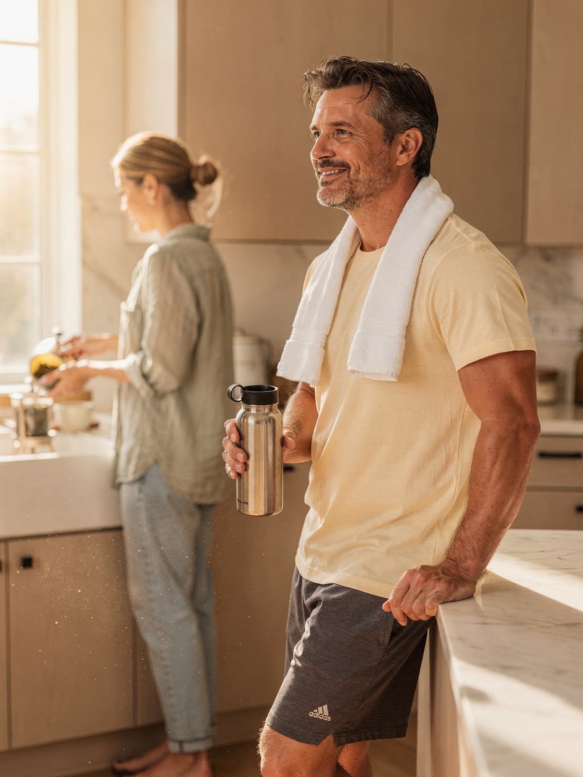 A smiling man in athletic wear holds a water bottle after exercising in a sunlit kitchen, a woman preparing a drink in the background