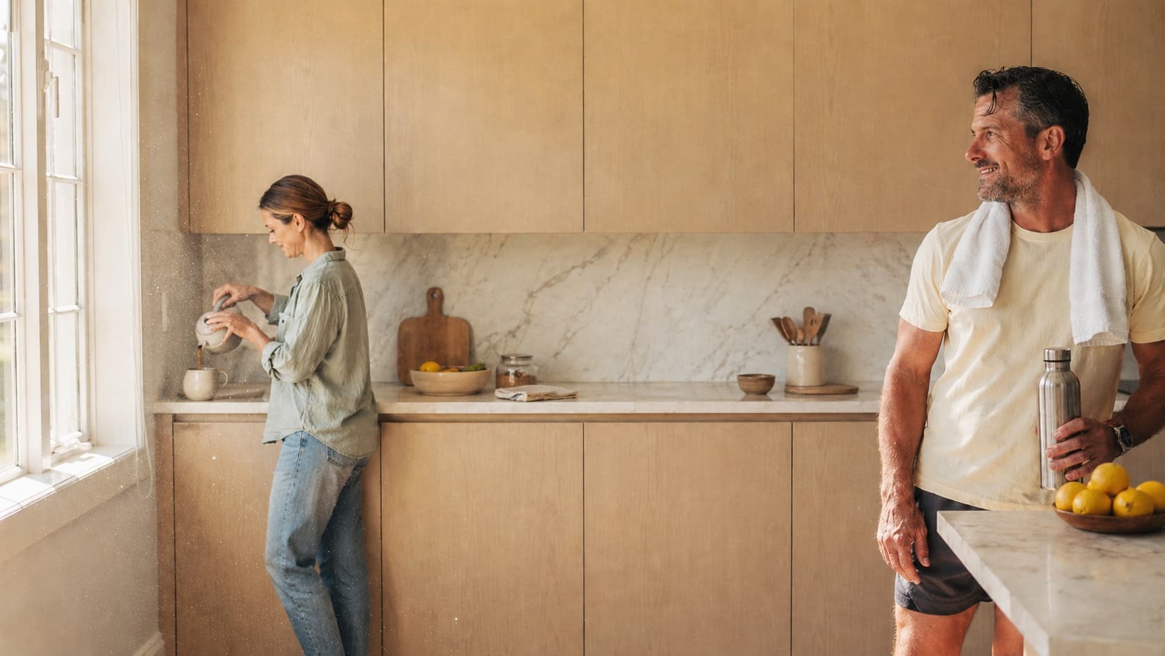 A couple in a bright modern kitchen — a man in athletic wear holding a water bottle and a woman pouring a hot drink by the window