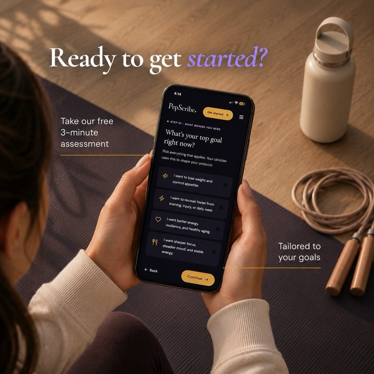 PepScribe on Instagram: 'Ready to get started?', the free 3-minute assessment shown on a phone.