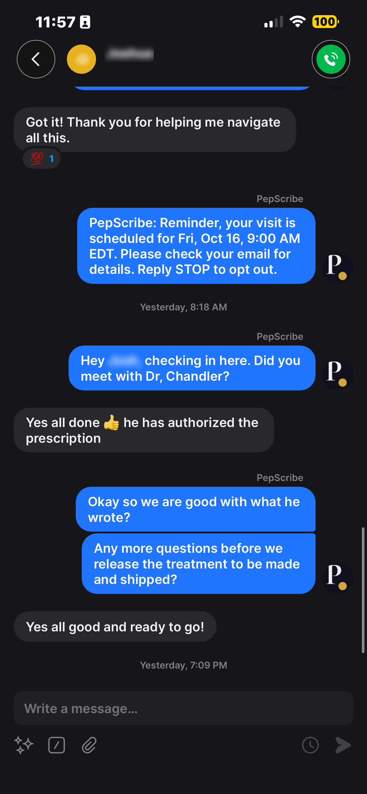 Screenshot of a text thread with the PepScribe care team about an approved visit