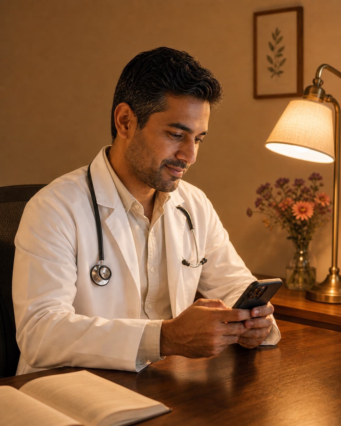 Clinician reviewing a patient message at his home office desk in warm evening lamplight