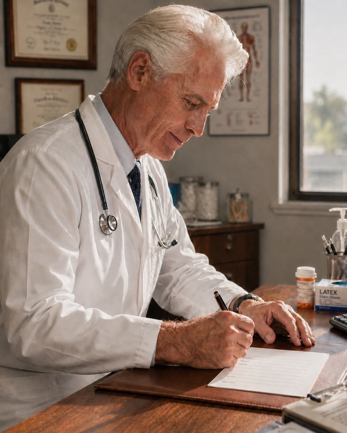 Clinician at his sunlit clinic desk mid-action writing a prescription