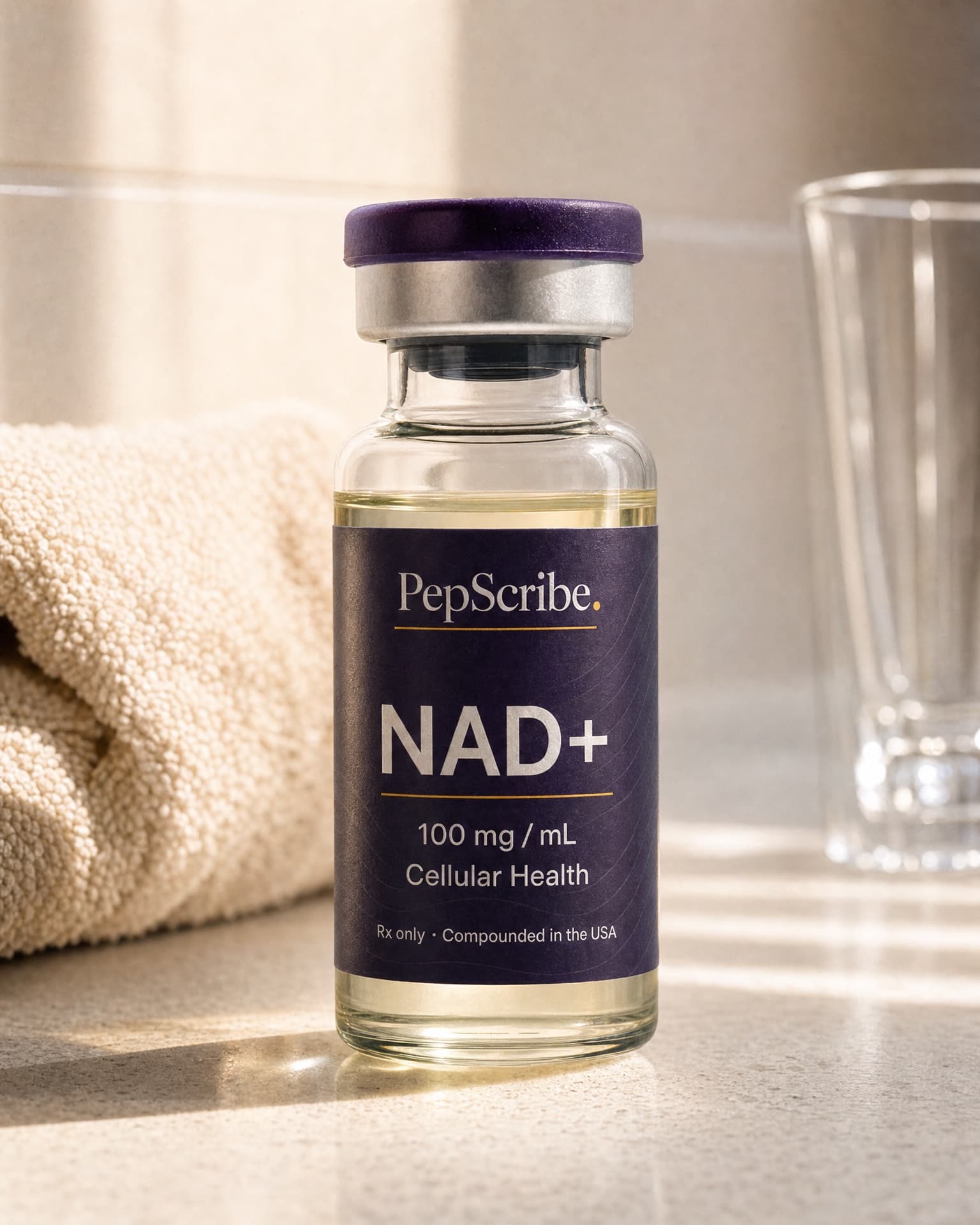 PepScribe-branded vial of compounded NAD+ on a sunlit bathroom counter