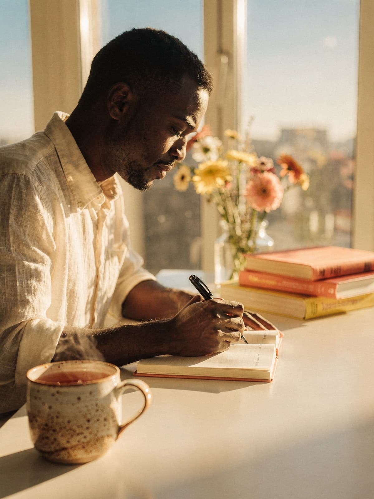 Same man journaling at a sunlit desk by a tall window in golden hour