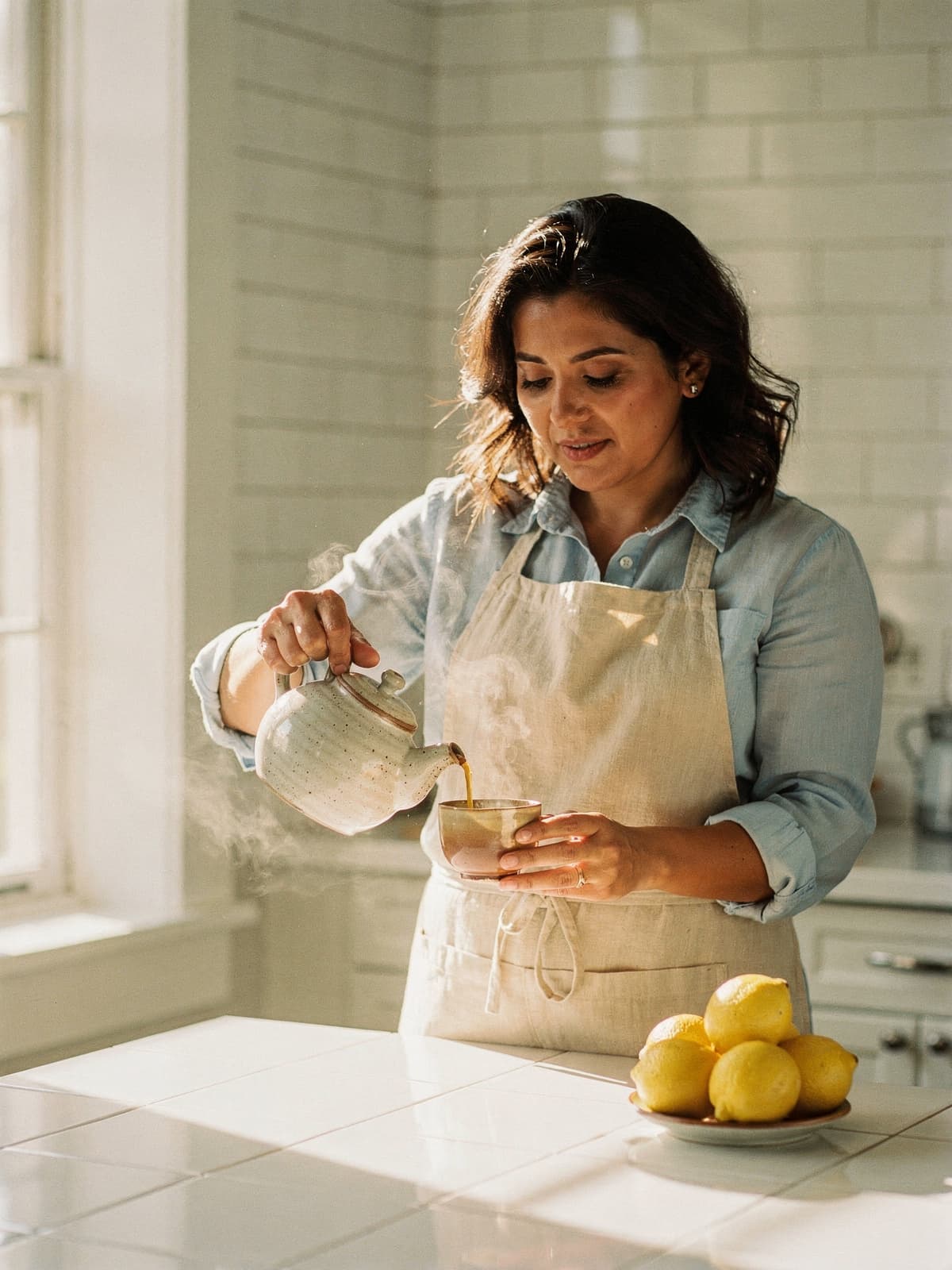 Same woman pouring loose-leaf tea at a sunlit white-tile kitchen counter