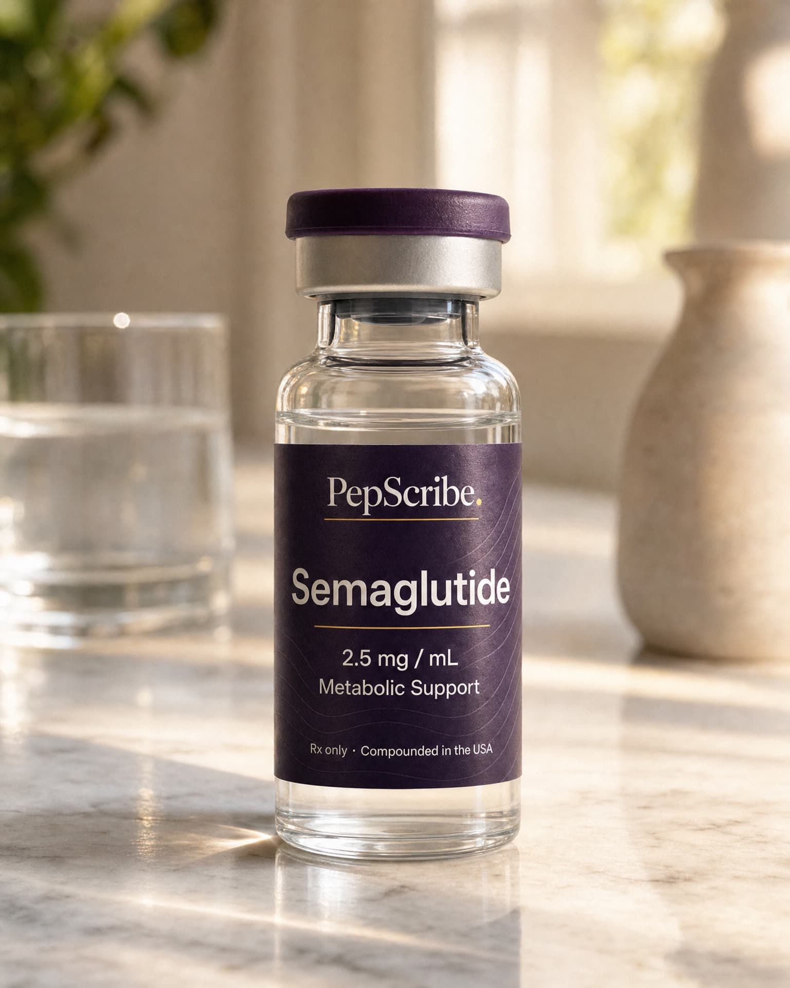 PepScribe-branded vial of compounded semaglutide on a sunlit kitchen counter
