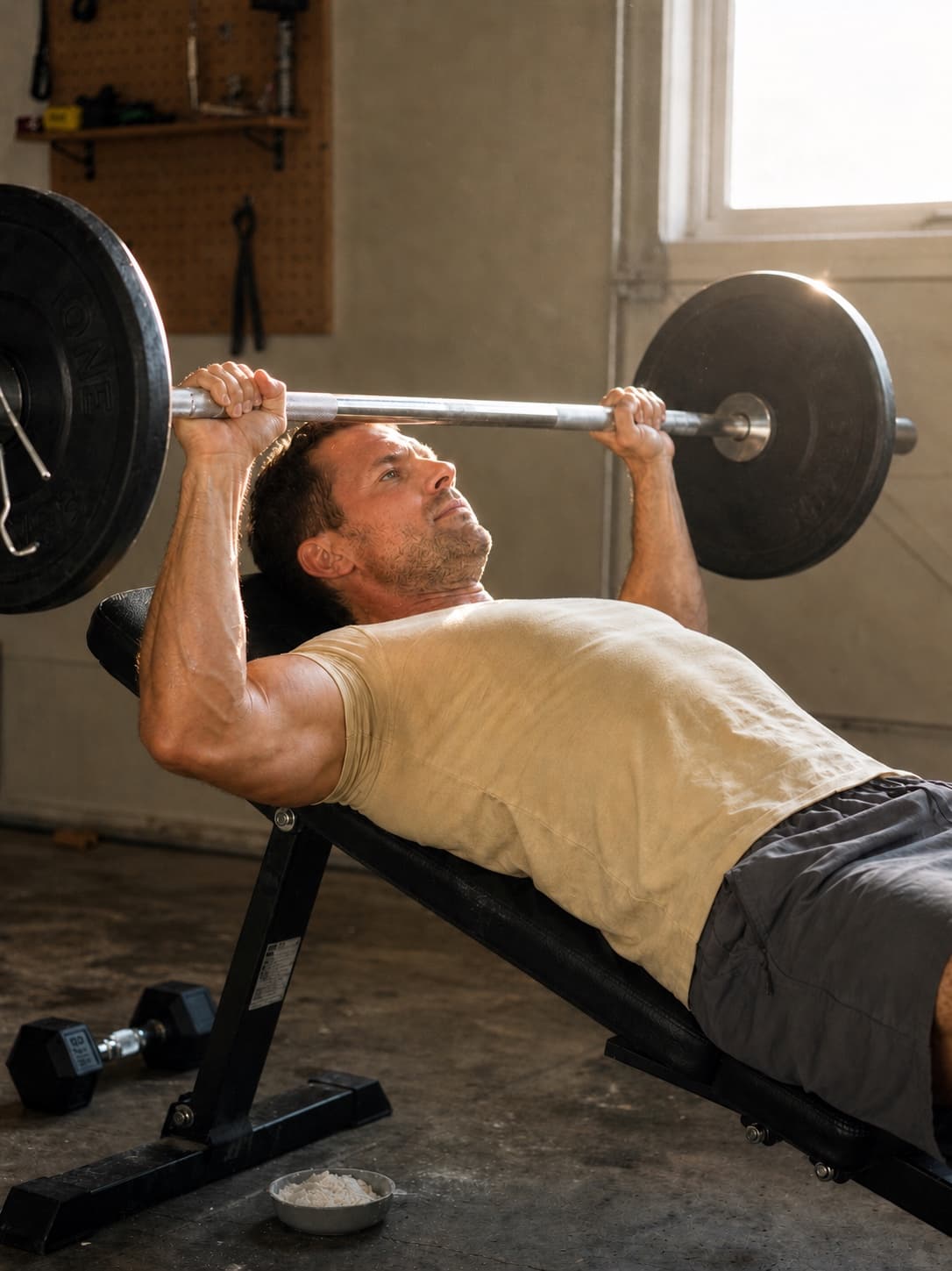 Same man bench pressing in a sun-drenched home garage gym, focused and looking up at the bar