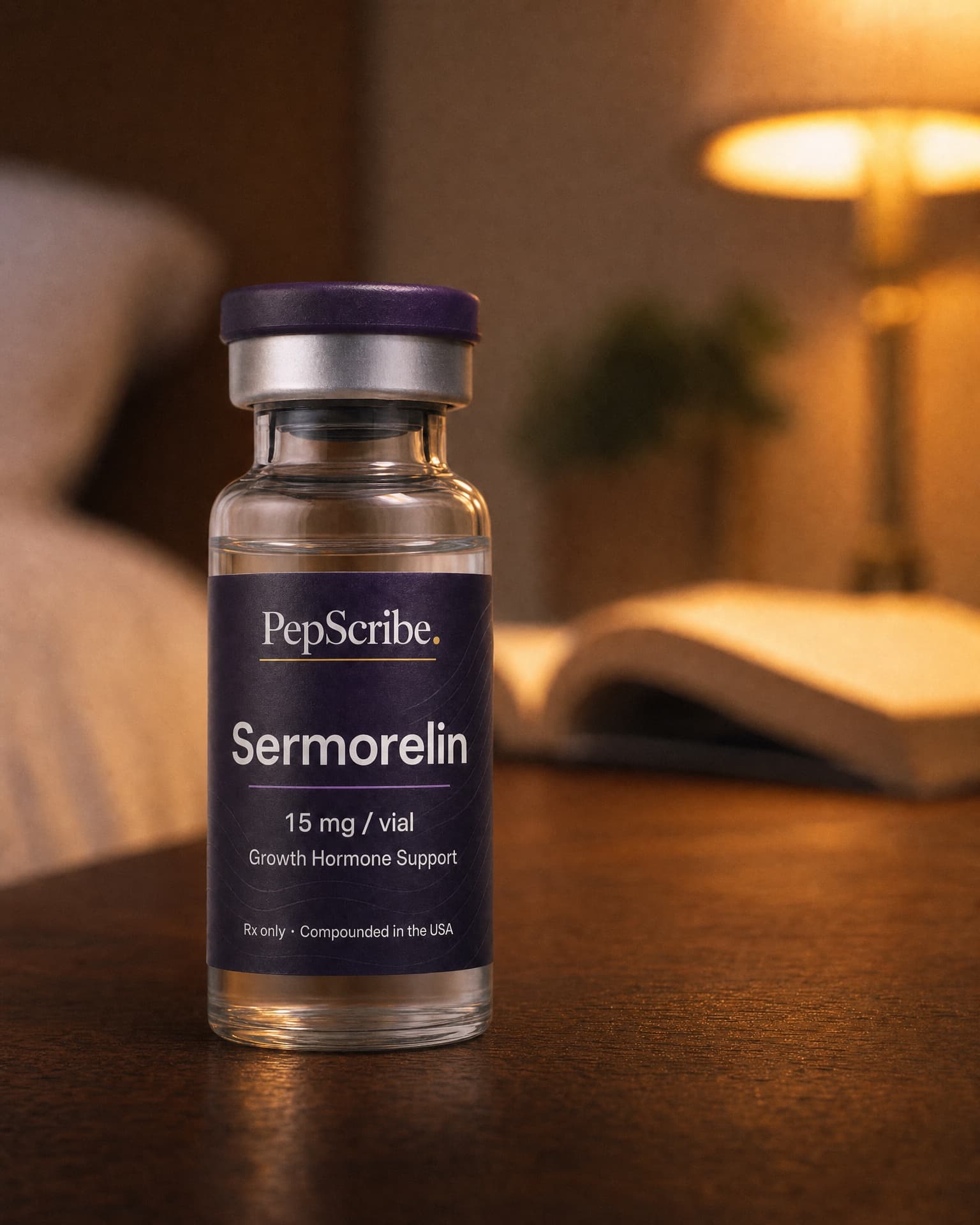 PepScribe-branded vial of compounded sermorelin on a bedside nightstand