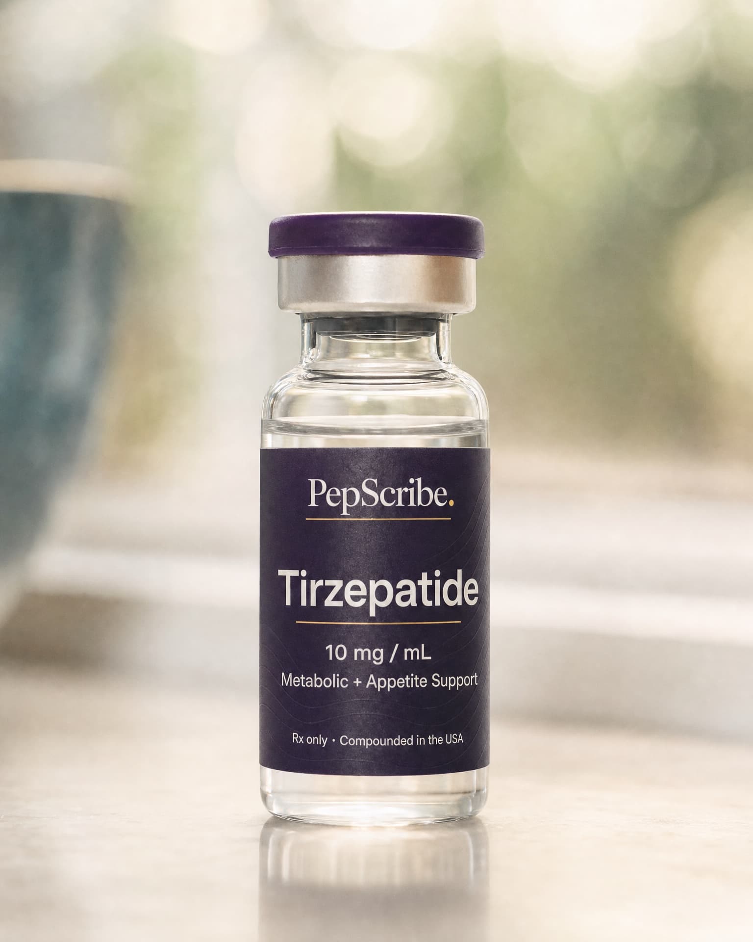 PepScribe-branded vial of compounded tirzepatide on a sunlit kitchen windowsill